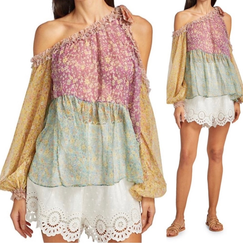 Zimmermann Carnaby floral silk one-sleeve blouse